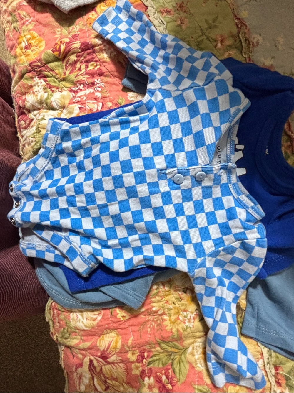 Old Navy Blue and White Checkered Long-Sleeve Baby Romper